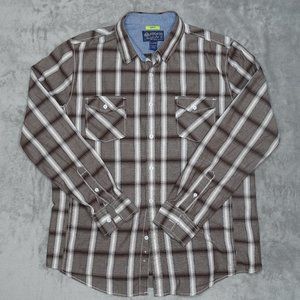 American Rag Casual Button Down Plaid Shirt Men's XL Brown Beige Black Slim Fit